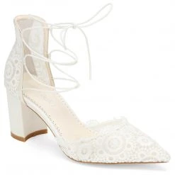 CASSIE Lace Up Crocheted Ivory Strappy Block Heels Wedding 10 CASSIE Lace Up Crocheted Ivory Strappy Block Heels Wedding