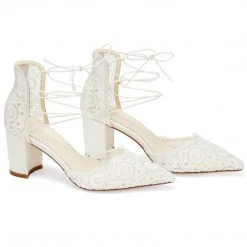 CASSIE Lace Up Crocheted Ivory Strappy Block Heels Wedding
