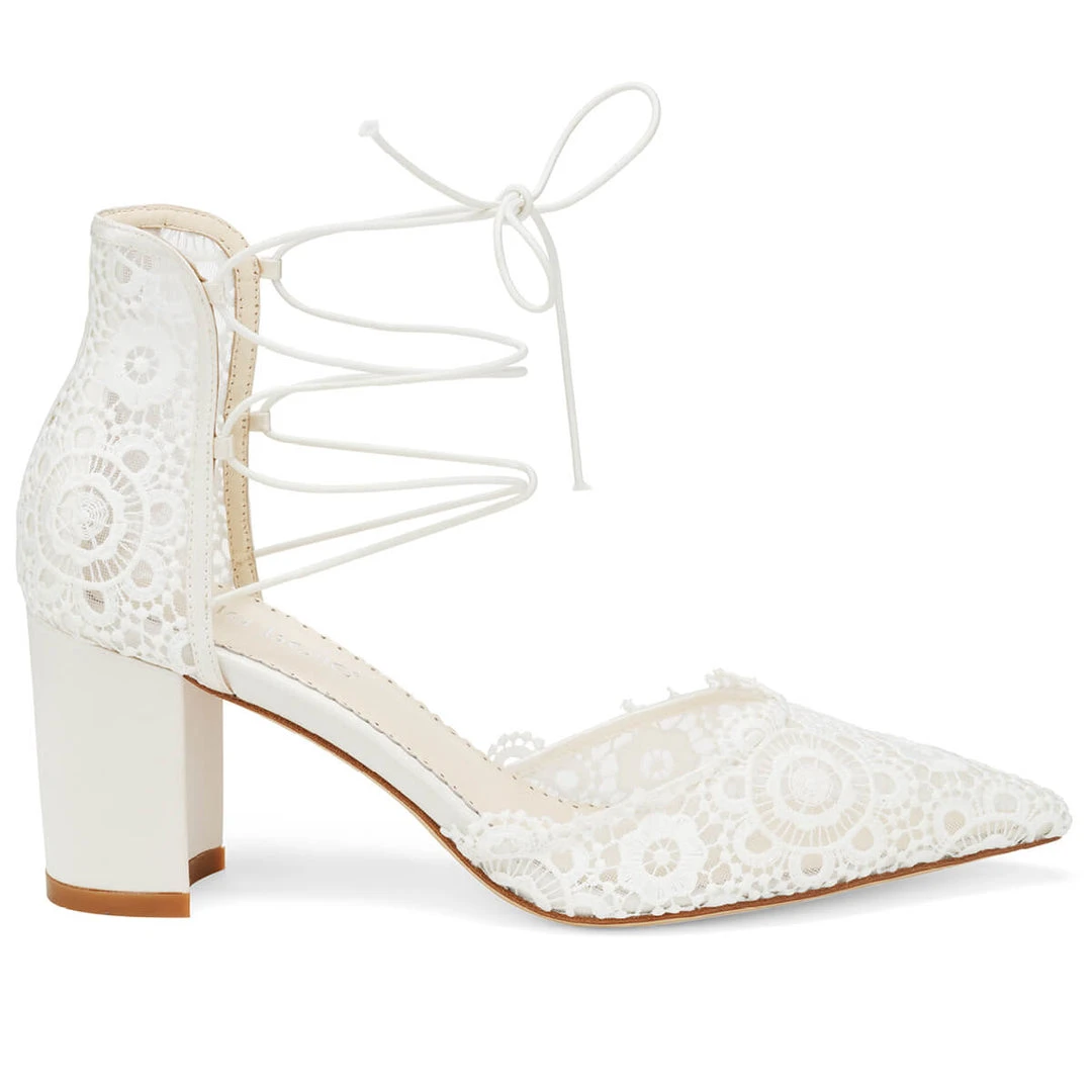 CASSIE Lace Up Crocheted Ivory Strappy Block Heels Wedding 3 CASSIE Lace Up Crocheted Ivory Strappy Block Heels Wedding
