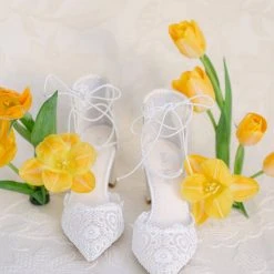 CASSIE Lace Up Crocheted Ivory Strappy Block Heels Wedding 13 CASSIE Lace Up Crocheted Ivory Strappy Block Heels Wedding