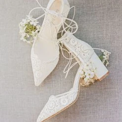 CASSIE Lace Up Crocheted Ivory Strappy Block Heels Wedding