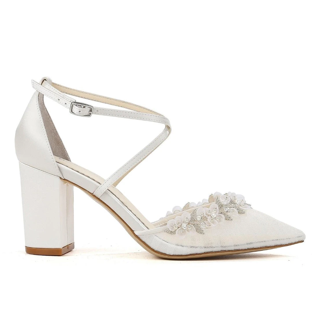 HEIDI Pleated Tulle Floral Block Heel Pumps Wedding 3 HEIDI Pleated Tulle Floral Block Heel Pumps Wedding