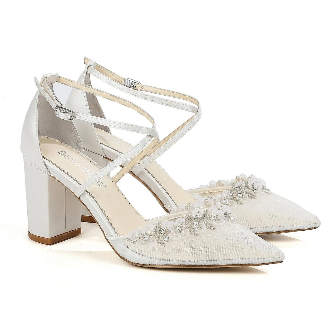 HEIDI Pleated Tulle Floral Block Heel Pumps Wedding 1 HEIDI Pleated Tulle Floral Block Heel Pumps Wedding
