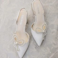 KAYLA Ivory Wedding Shoes With Pearls, Block Heel Slingback