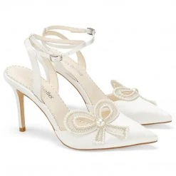KENZIE Ivory Beaded Pearl Bow Shoes, Bridal Ankle Strap Heels With Bow
