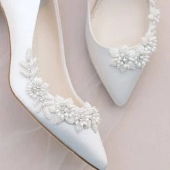IRIS IVORY Floral And Beads Kitten Heel Wedding Shoe Ivory