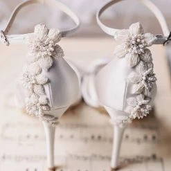 GARDENIA Ivory Ankle Strap Heels With Pearls & Beads Stiletto Wedding Shoes