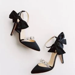 OLIVIA BLACK Evening Heels With Bow Ankle Strap And Rhinestone Ankle Strap Heels