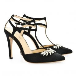 PAYGE Crystal Embellished Heels, T Strap Pumps Evening