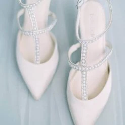 COURTNEY Crystals & Pearl T-Strap Champagne Wedding Shoes Low Heel Kitten Pumps