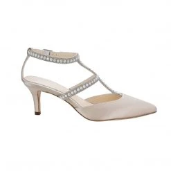 COURTNEY Crystals & Pearl T-Strap Champagne Wedding Shoes Low Heel Kitten Pumps