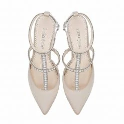 COURTNEY Crystals & Pearl T-Strap Champagne Wedding Shoes Low Heel Kitten Pumps