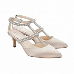 COURTNEY Crystals & Pearl T-Strap Champagne Wedding Shoes Low Heel Kitten Pumps