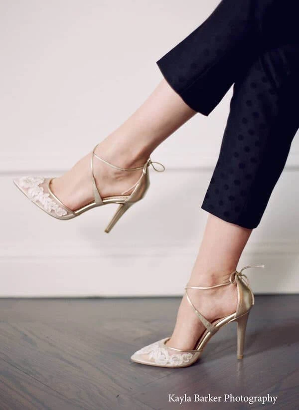 ANITA GOLD Evening & Bridal Gold Shoes Lace Floral Illusion Mesh Wedding 5 ANITA GOLD Evening & Bridal Gold Shoes Lace Floral Illusion Mesh Wedding
