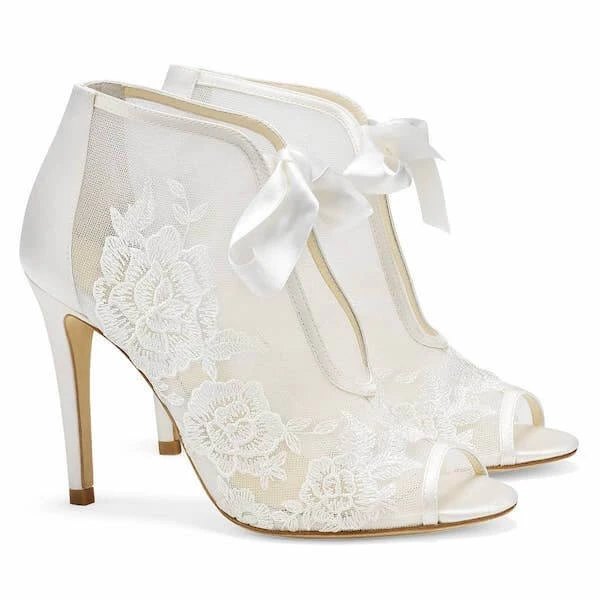 NIKKI IVORY Ivory Ribbon Tie Lace Embroidered Bootie 1 NIKKI IVORY Ivory Ribbon Tie Lace Embroidered Bootie