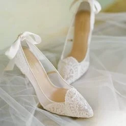 GISELLE Ivory Lace Boho Wedding Heels With Ribbon Tie