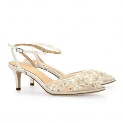 ROSA IVORY Floral Pearl Beaded Wedding Shoes Low Heel