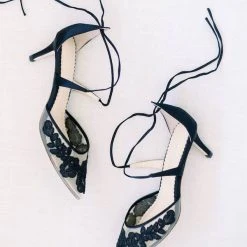 AMELIA BLACK Evening Lace Black Strap Kitten Heels