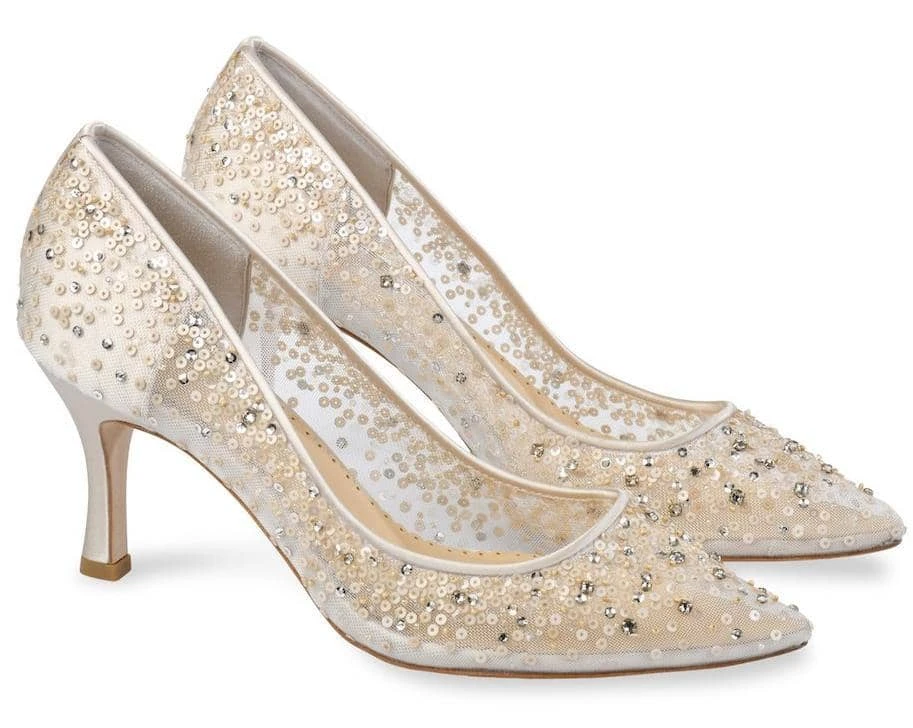 EVELYN NUDE Wedding Low Heel Crystal Sequin Nude Sparkly Heels 1 EVELYN NUDE Wedding Low Heel Crystal Sequin Nude Sparkly Heels
