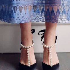 LISA BLACK Black Ankle Strap Heel With Pearl Detail