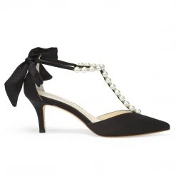 LISA BLACK Black Ankle Strap Heel With Pearl Detail