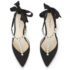 LISA BLACK Black Ankle Strap Heel With Pearl Detail