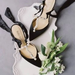 LISBETH BLACK Pearl Wedding Shoes Pearl Strap Heels With Bow Ankle Strap