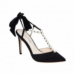 LISBETH BLACK Pearl Wedding Shoes Pearl Strap Heels With Bow Ankle Strap