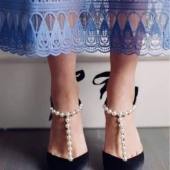LISBETH BLACK Pearl Wedding Shoes Pearl Strap Heels With Bow Ankle Strap
