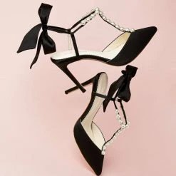 LISBETH BLACK Pearl Wedding Shoes Pearl Strap Heels With Bow Ankle Strap