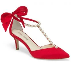 LISA RED Pearls And Red Bow Kitten Heel