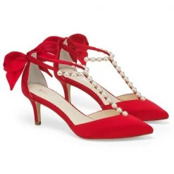 LISA RED Pearls And Red Bow Kitten Heel