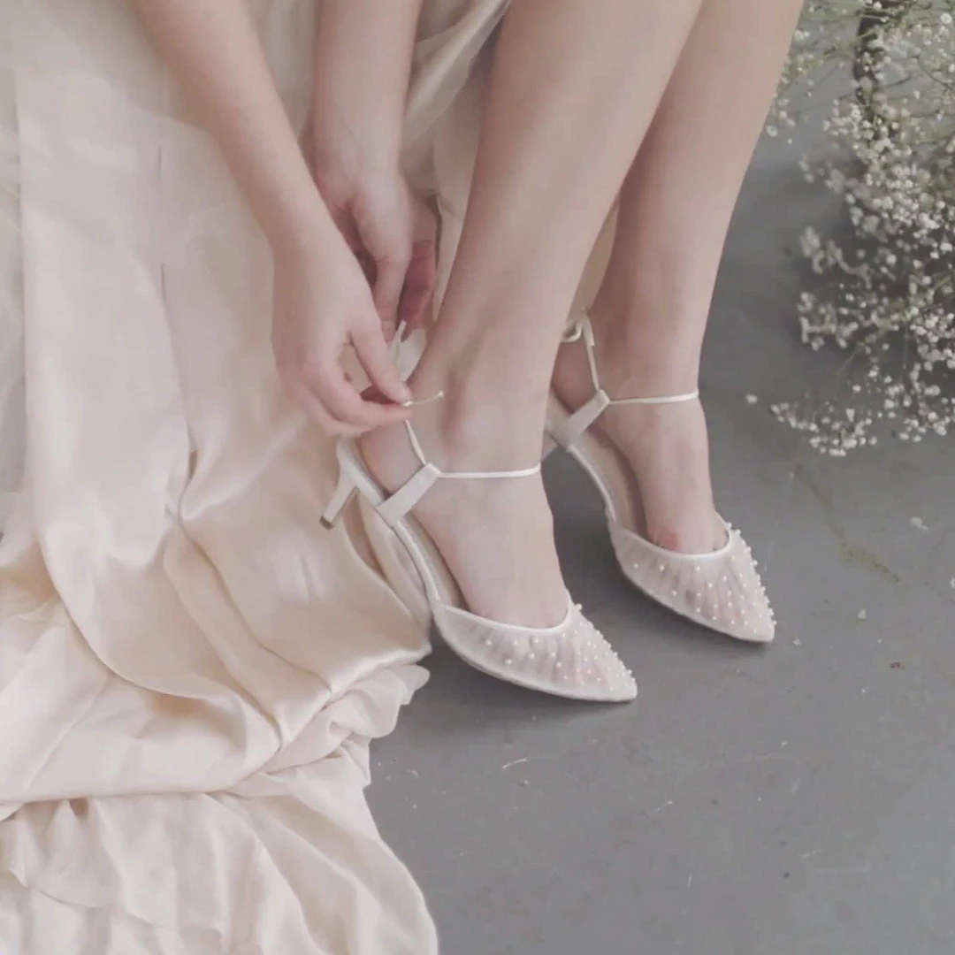 ELENA Wedding Pleated Tulle Pearl Kitten Heels 2 ELENA Wedding Pleated Tulle Pearl Kitten Heels