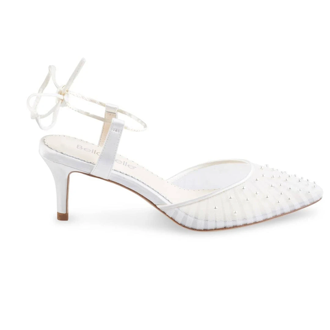 ELENA Wedding Pleated Tulle Pearl Kitten Heels 4 ELENA Wedding Pleated Tulle Pearl Kitten Heels