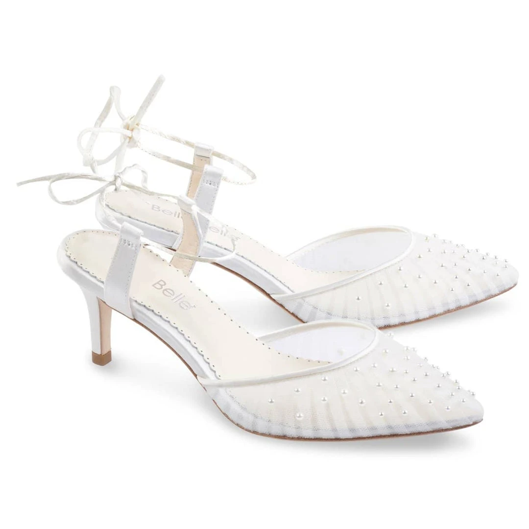 ELENA Wedding Pleated Tulle Pearl Kitten Heels 1 ELENA Wedding Pleated Tulle Pearl Kitten Heels