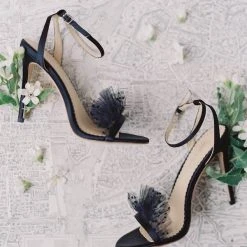 BRIDGET BLACK Wedding Sandals Tulle Stiletto Ankle Strap Heels