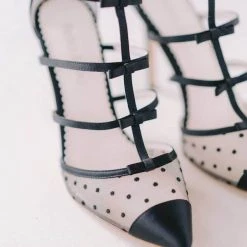 RITA BLACK Black T Strap Heels With Polka Dots