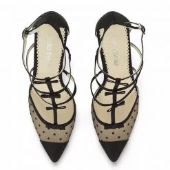 RITA BLACK Black T Strap Heels With Polka Dots