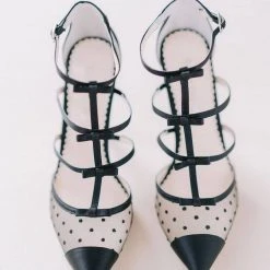 RITA BLACK Black T Strap Heels With Polka Dots