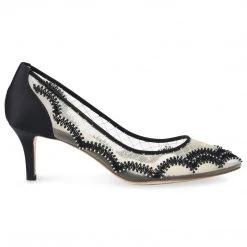 NICOLE Scalloped Embroidered Black Evening Kitten Heels