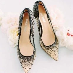 ELSA BLACK Crystal Embellished Heels With Black Sequin On Nude Mesh Evening