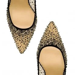 ELSA BLACK Crystal Embellished Heels With Black Sequin On Nude Mesh Evening