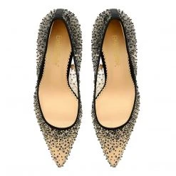 ELSA BLACK Crystal Embellished Heels With Black Sequin On Nude Mesh Evening