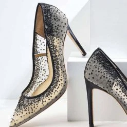 ELSA BLACK Crystal Embellished Heels With Black Sequin On Nude Mesh Evening