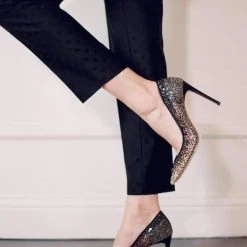 ELSA BLACK Crystal Embellished Heels With Black Sequin On Nude Mesh Evening