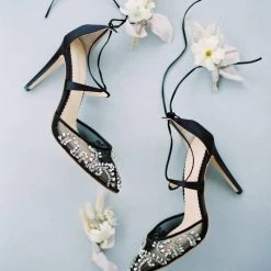 FLORENCE BLACK Black Mesh Heels Crystal Embellished Pumps