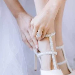 CAROLINA Ivory Wedding Shoes With Pearls, T Strap Heels