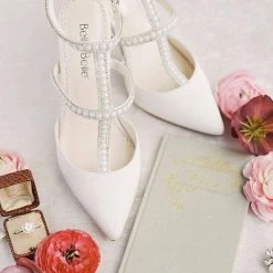 CAROLINA Ivory Wedding Shoes With Pearls, T Strap Heels