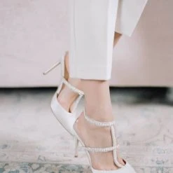 CAROLINA Ivory Wedding Shoes With Pearls, T Strap Heels